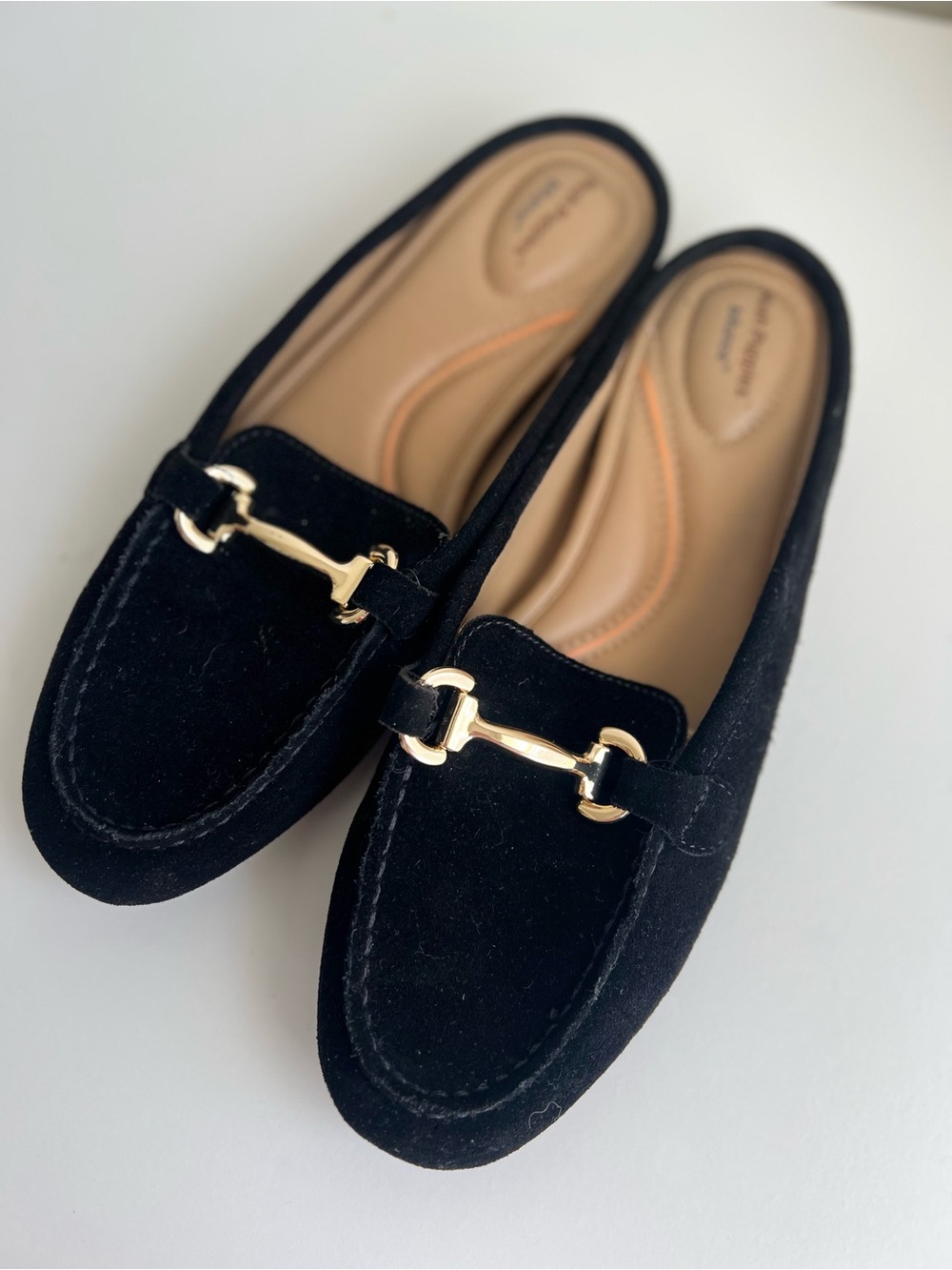 NWOT Hush Puppies Black Suede Slip-On Loafers with Gold Hardware